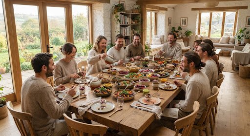 Guests sharing an organic vegetarian meal at the communal table