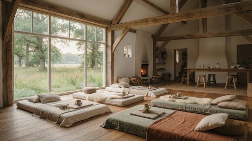 Het Voorhuis ceremony room with floor mattresses and garden views