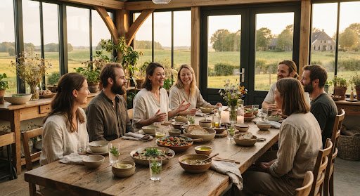 Retreat guests sharing a farm-to-table meal in the Het Voorhuis garden room