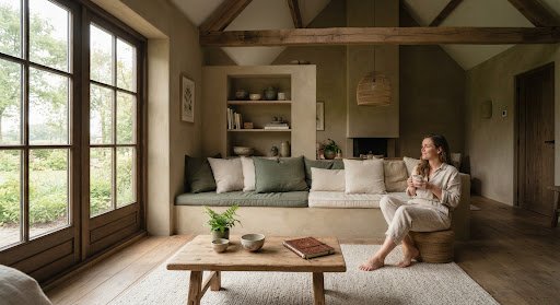 Guest reflecting with a cup of tea in the quiet lounge at Het Voorhuis, Havelte