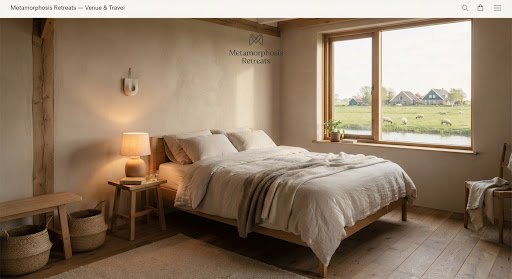 Organic linen bedroom overlooking the meadow